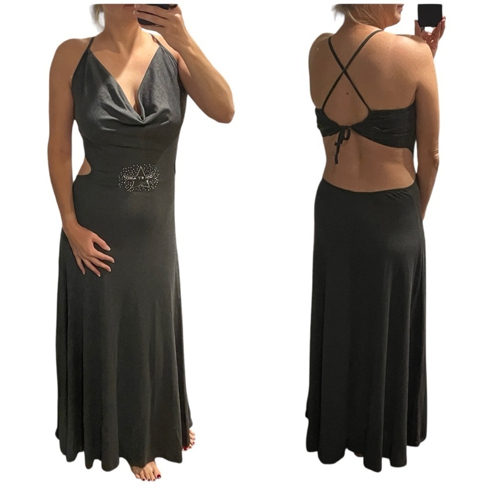 NWT Odi et Amo Jersey Cut Out Open Back Maxi Dress Gray Star Rhinestone Sz 44